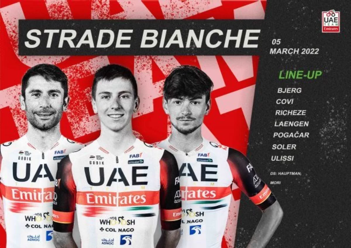 Tadej Pogacar liderará al UAE Team Emirates la Tirreno Adriático y Strade Bianche